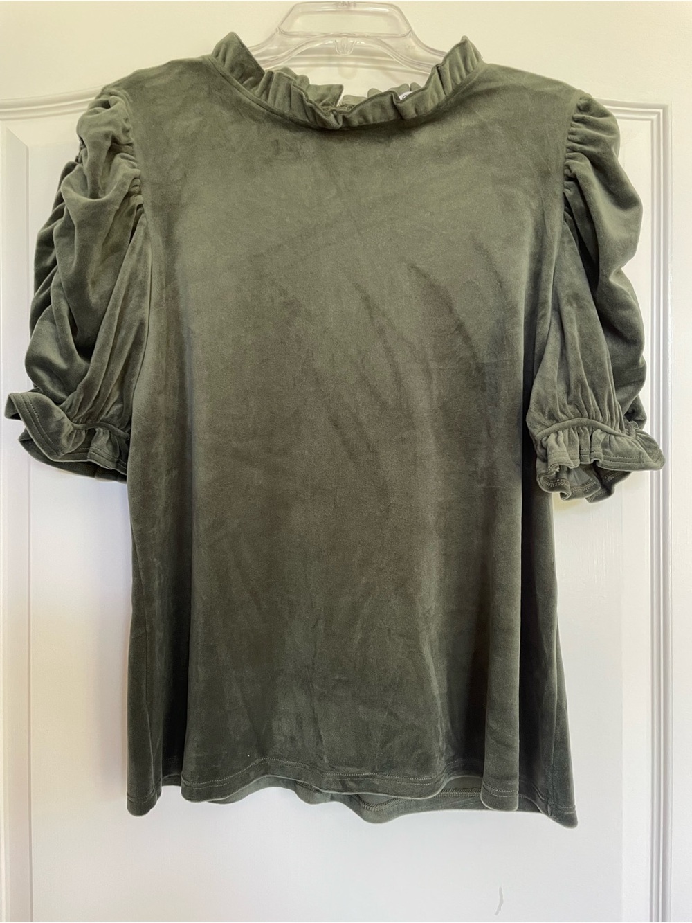 Olive Green Puff Sleeve Velvet Blouse